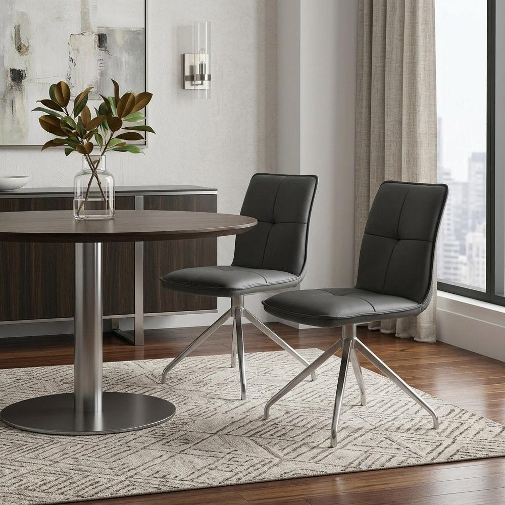 Set of Two Gray And Silver Tufted Faux Leather And Stainless Steel Swivel Dining Side Chairs