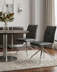 Set of Two Gray And Silver Tufted Faux Leather And Stainless Steel Swivel Dining Side Chairs