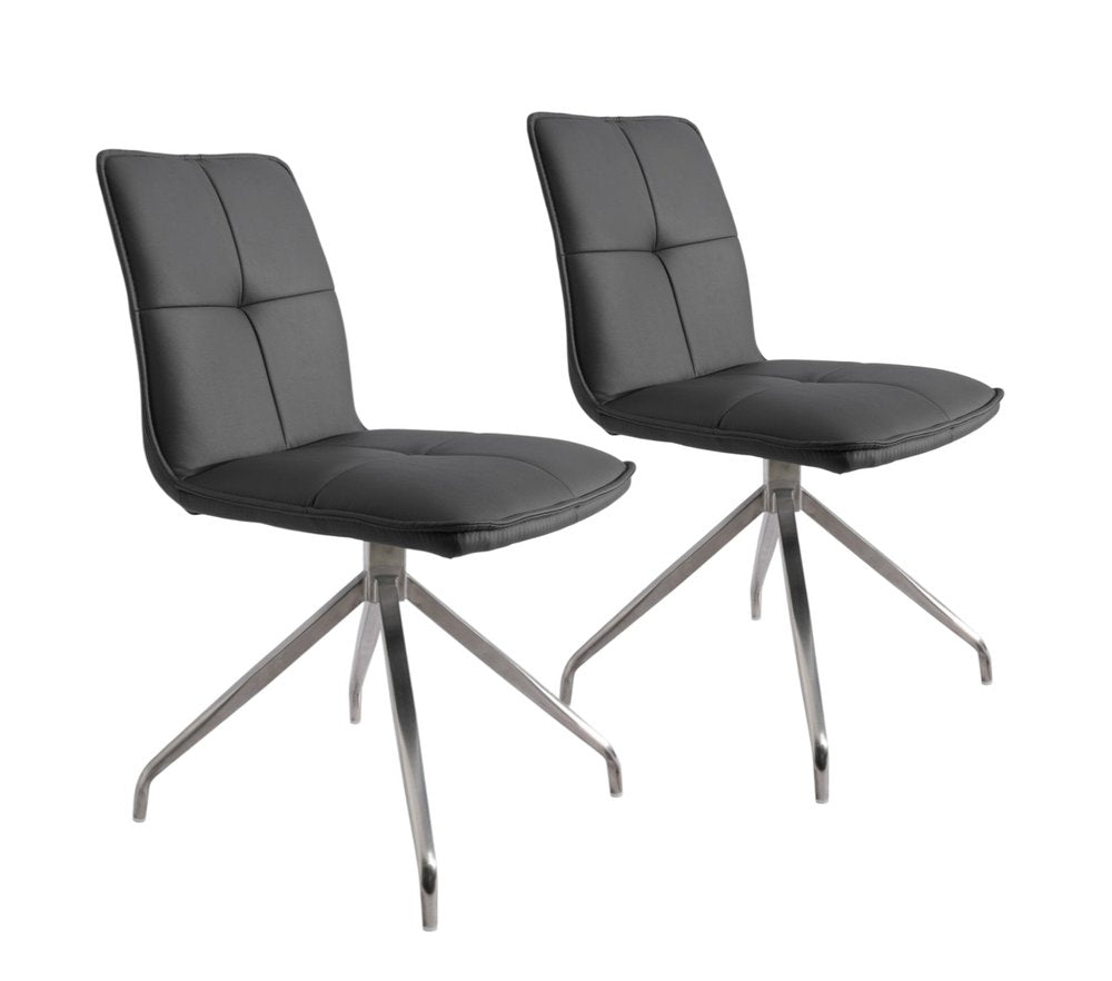 Set of Two Gray And Silver Tufted Faux Leather And Stainless Steel Swivel Dining Side Chairs