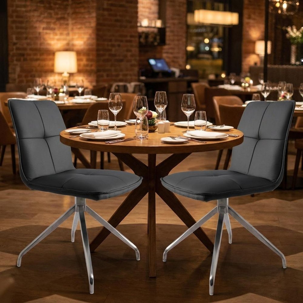 Set of Two Gray And Silver Tufted Faux Leather And Stainless Steel Swivel Dining Side Chairs