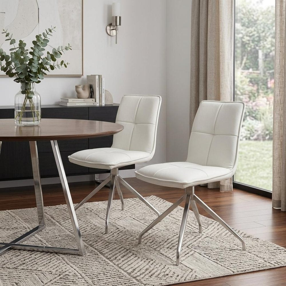 Set of Two Gray And Silver Tufted Faux Leather And Stainless Steel Swivel Dining Side Chairs