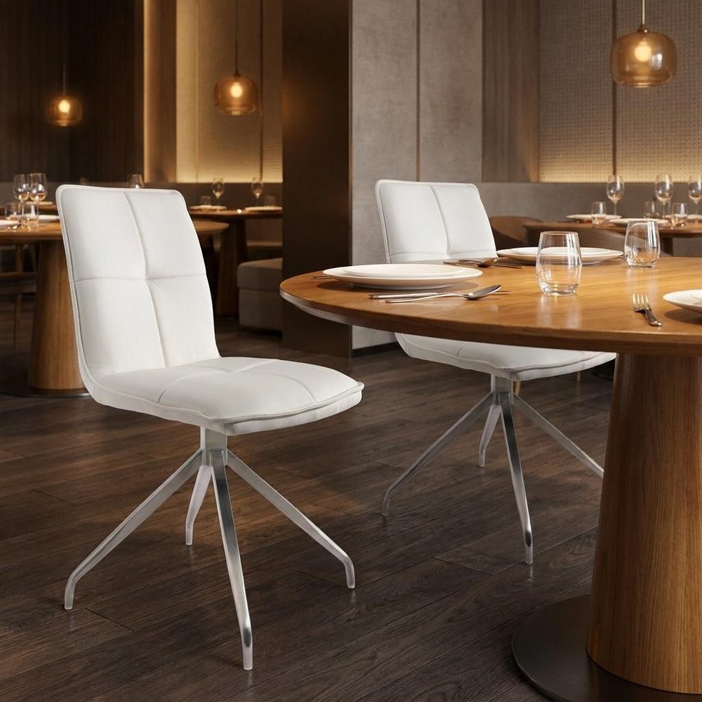 Set of Two Gray And Silver Tufted Faux Leather And Stainless Steel Swivel Dining Side Chairs