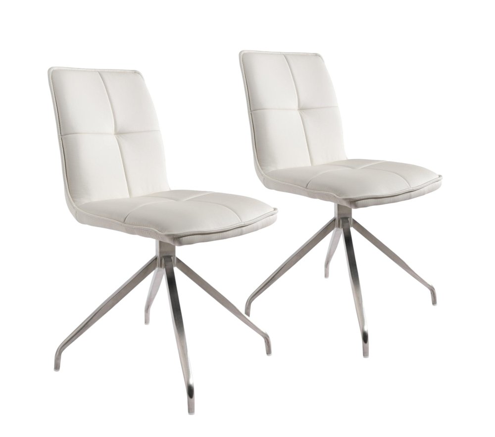 Set of Two Gray And Silver Tufted Faux Leather And Stainless Steel Swivel Dining Side Chairs