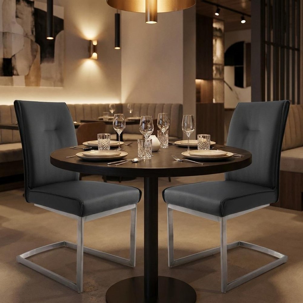 Set of Two Gray And Silver Tufted Faux Leather And Stainless Steel Dining Side Chairs