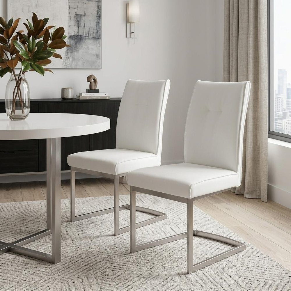 Set of Two Gray And Silver Tufted Faux Leather And Stainless Steel Dining Side Chairs
