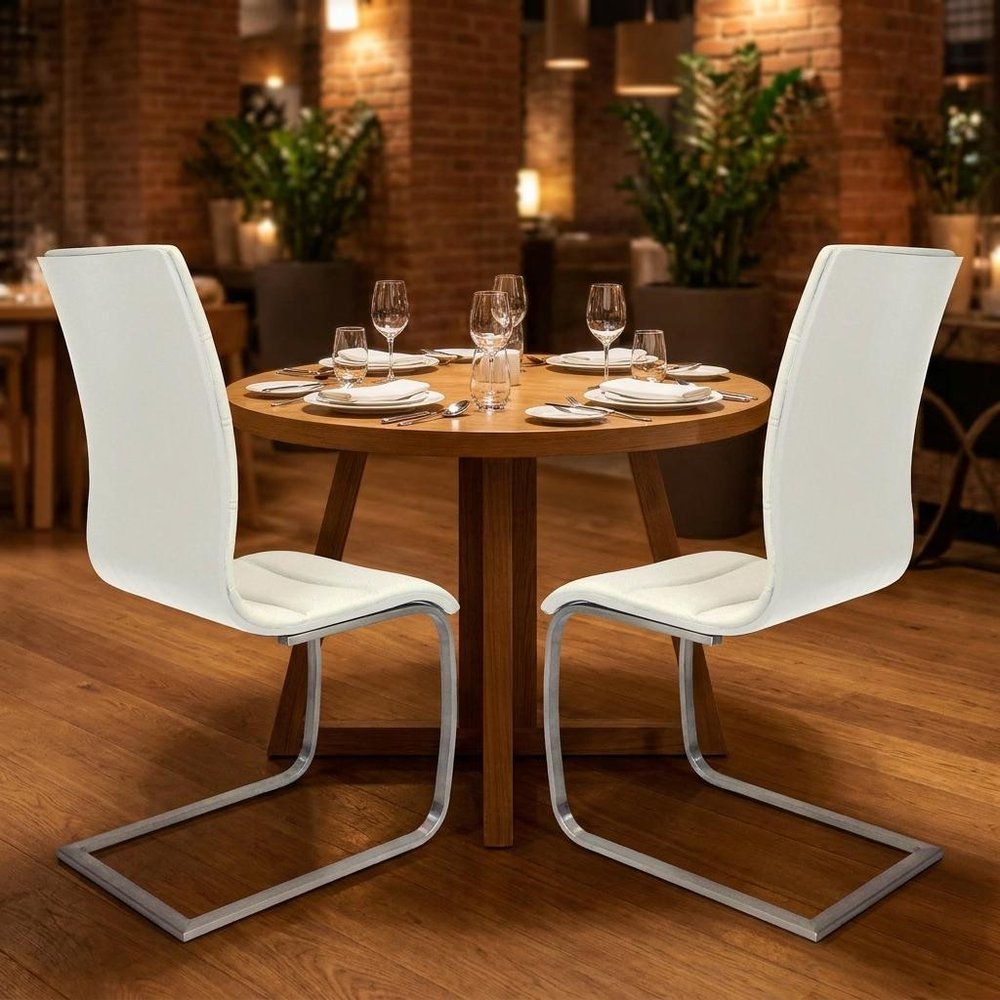 Set of Two White And Silver Faux Leather And Metal Dining Side Chairs