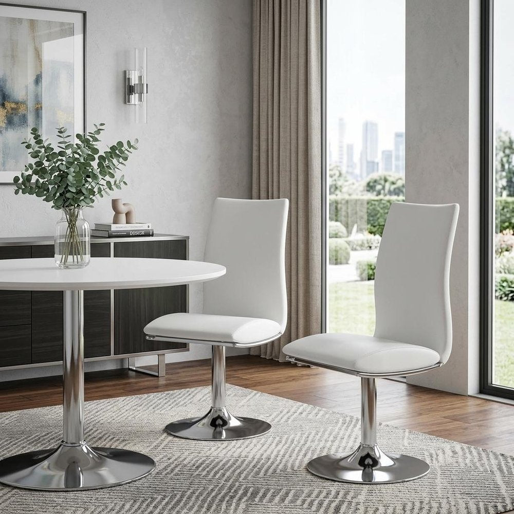 Set of Two White And Silver Faux Leather And Metal Swivel Dining Side Chairs