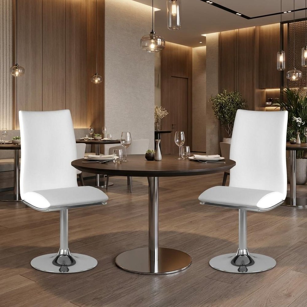 Set of Two White And Silver Faux Leather And Metal Swivel Dining Side Chairs