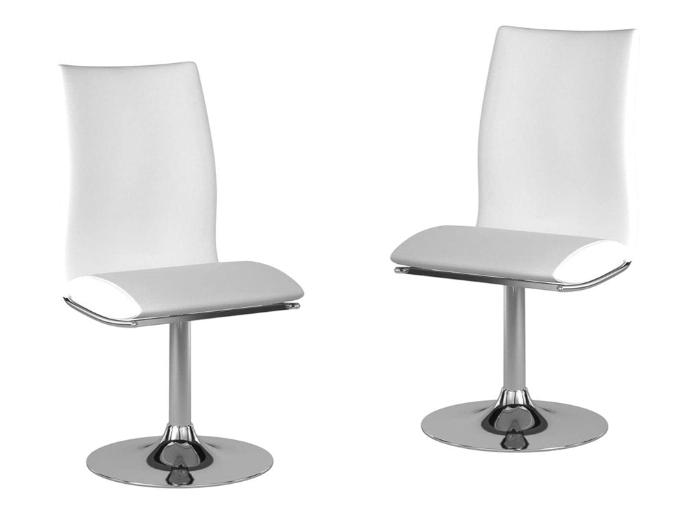 Set of Two White And Silver Faux Leather And Metal Swivel Dining Side Chairs