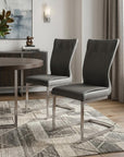 Set of Two Gray And Silver Faux Leather And Stainless Steel Dining Side Chairs