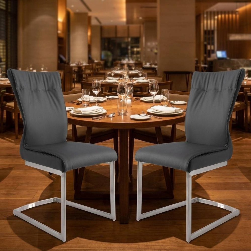 Set of Two Gray And Silver Faux Leather And Stainless Steel Dining Side Chairs