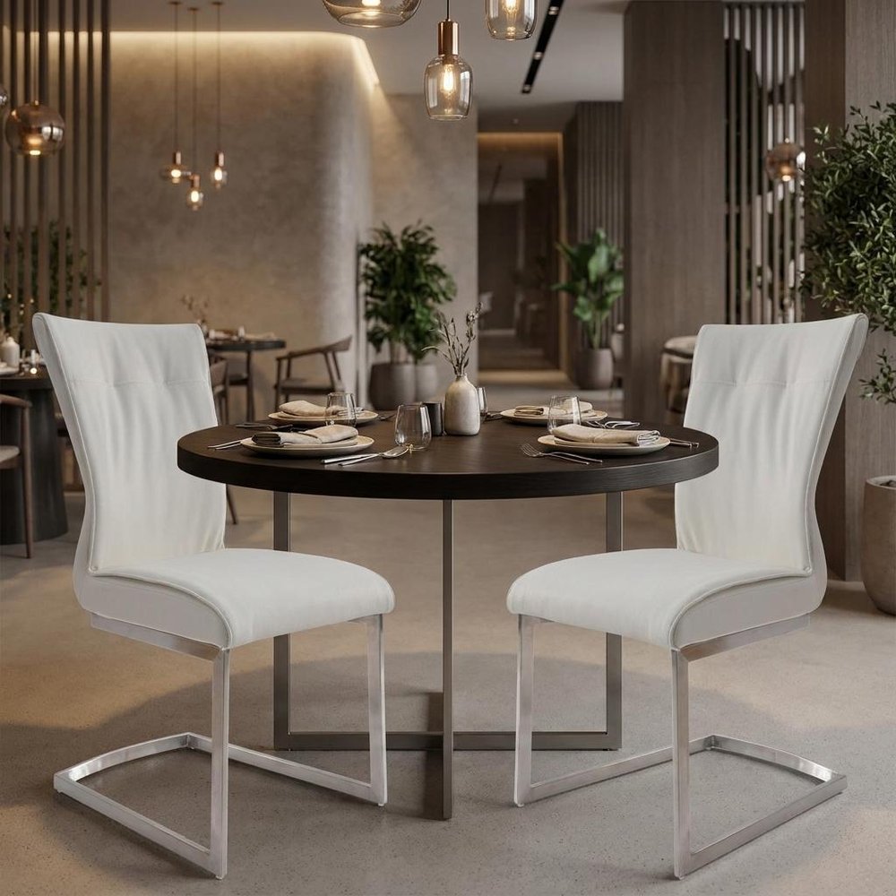 Set of Two Gray And Silver Faux Leather And Stainless Steel Dining Side Chairs