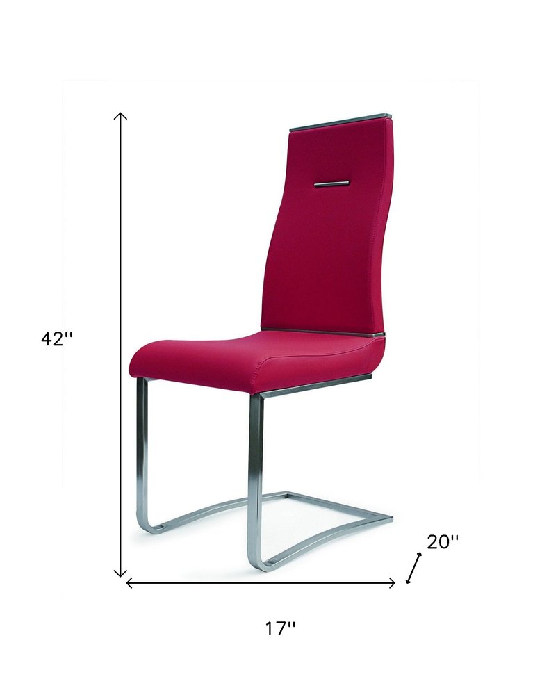 Set of Two Red And Silver Faux Leather And Stainless Steel Dining Side Chairs