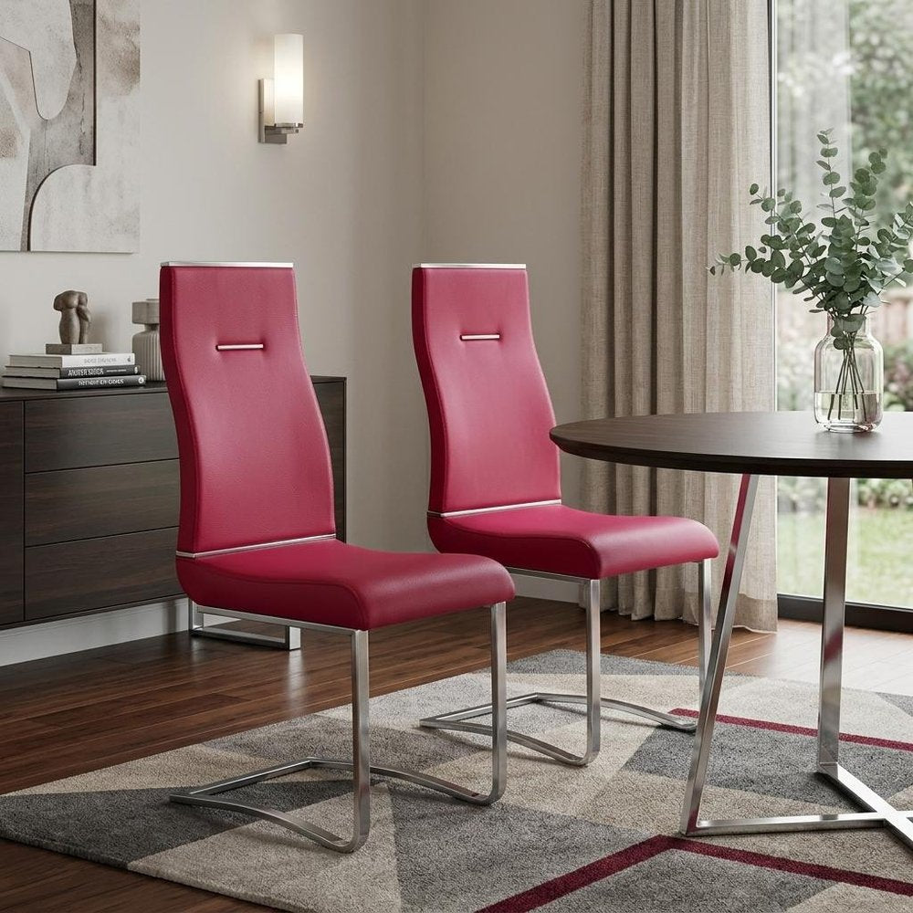 Set of Two Red And Silver Faux Leather And Stainless Steel Dining Side Chairs