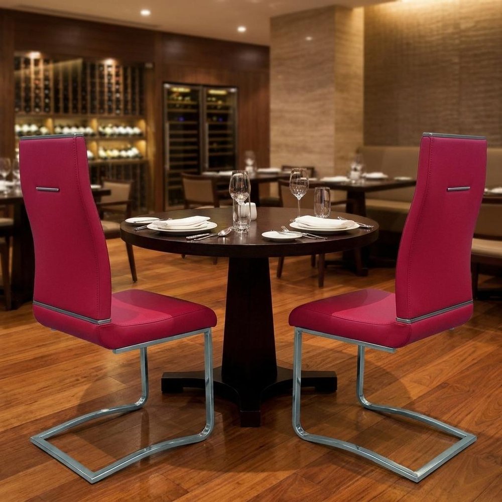 Set of Two Red And Silver Faux Leather And Stainless Steel Dining Side Chairs