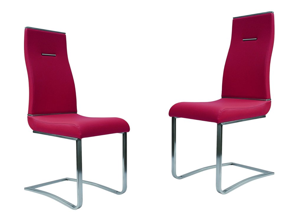 Set of Two Red And Silver Faux Leather And Stainless Steel Dining Side Chairs