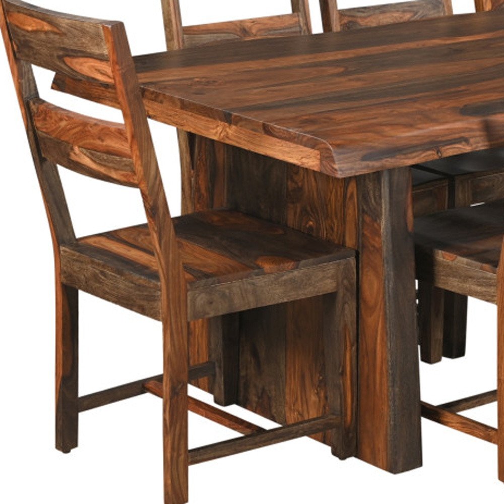 Nine Piece Brown Solid Wood Dining Set with Eight Chairs
