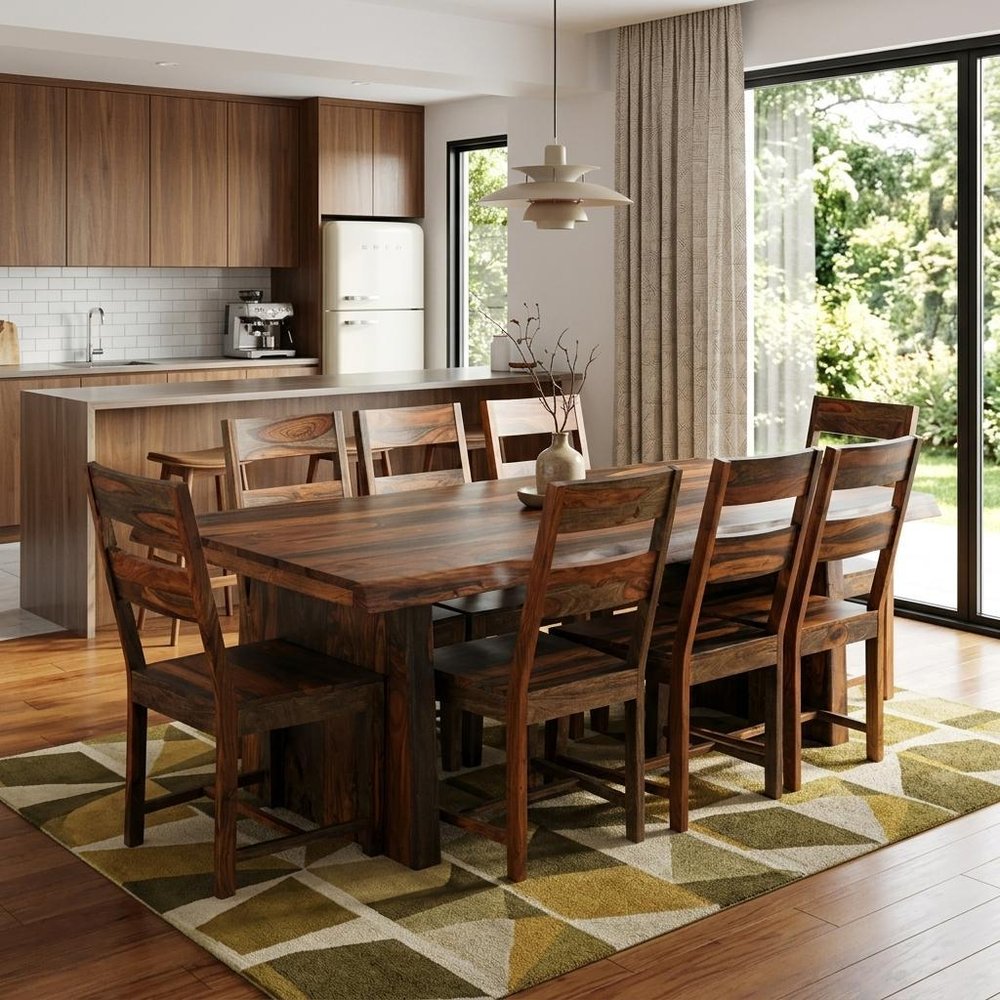 Nine Piece Brown Solid Wood Dining Set with Eight Chairs