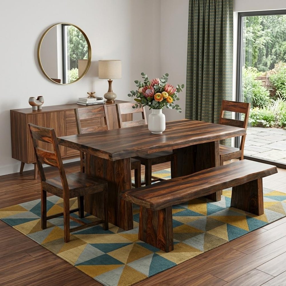 Six Piece Brown Solid Wood Dining Set with Four Chairs