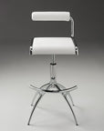 Set of Two White And Silver Faux Leather And Metal Low Back Adjustable Height Bar Chairs