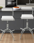 Set of Two White And Silver Faux Leather And Metal Low Back Adjustable Height Bar Chairs