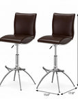 Set of Two Brown And Silver Faux Leather And Metal Low Back Adjustable Height Swivel Bar Chairs