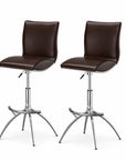 Set of Two Brown And Silver Faux Leather And Metal Low Back Adjustable Height Swivel Bar Chairs