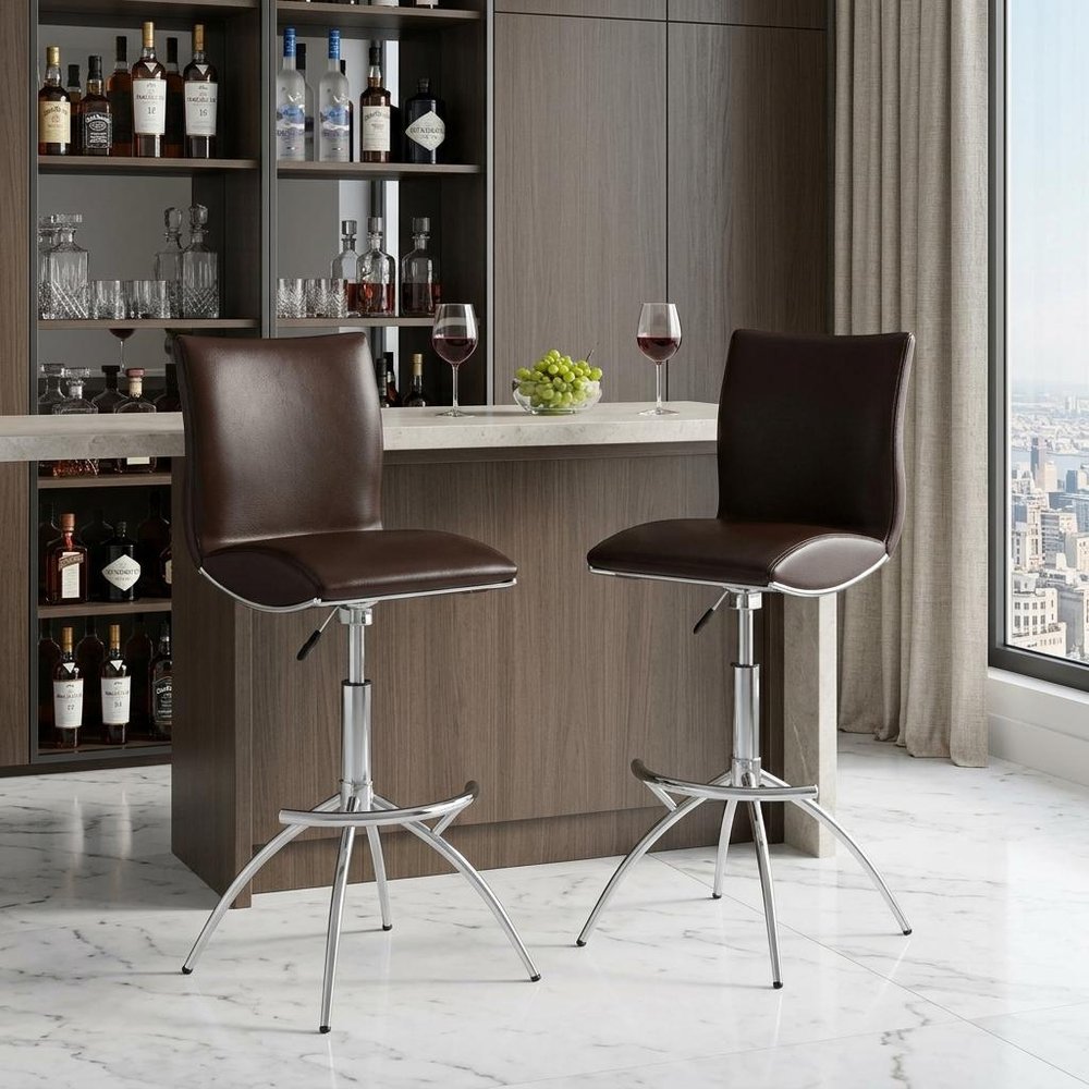 Set of Two Brown And Silver Faux Leather And Metal Low Back Adjustable Height Swivel Bar Chairs