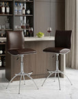 Set of Two Brown And Silver Faux Leather And Metal Low Back Adjustable Height Swivel Bar Chairs