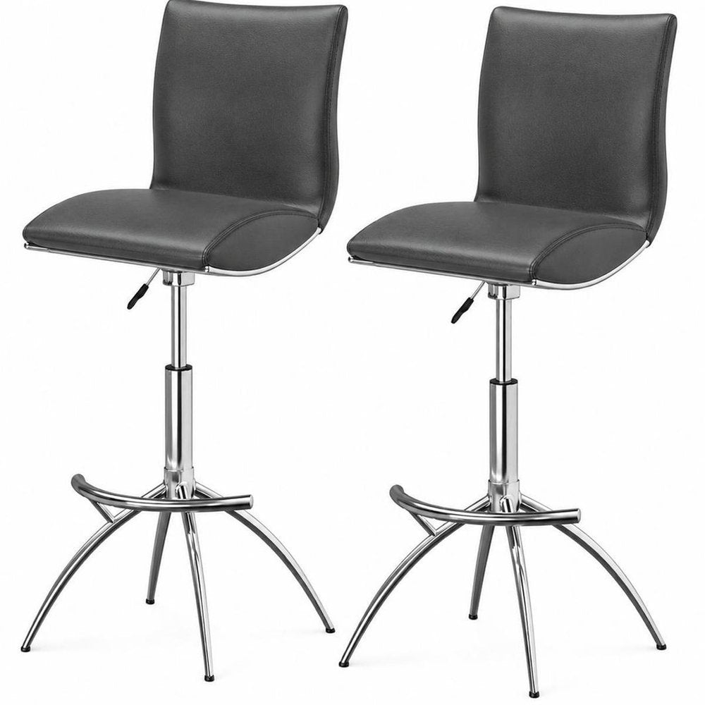 Set of Two Brown And Silver Faux Leather And Metal Low Back Adjustable Height Swivel Bar Chairs