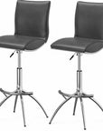 Set of Two Brown And Silver Faux Leather And Metal Low Back Adjustable Height Swivel Bar Chairs