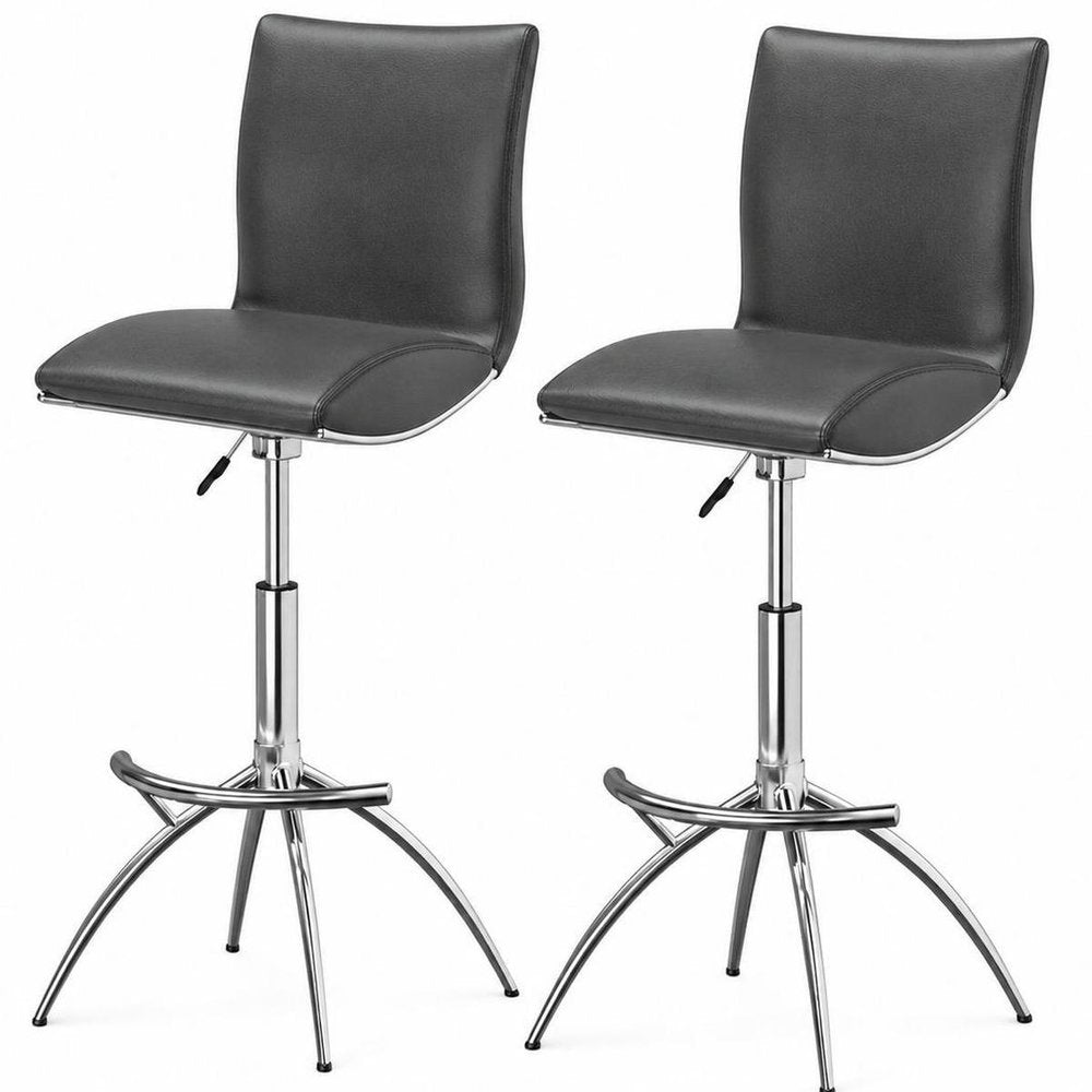 Set of Two Brown And Silver Faux Leather And Metal Low Back Adjustable Height Swivel Bar Chairs