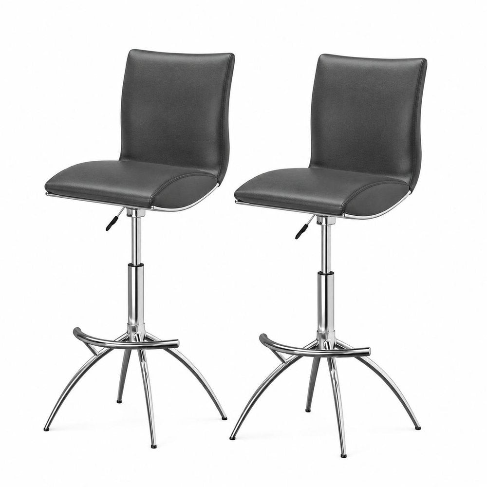 Set of Two Brown And Silver Faux Leather And Metal Low Back Adjustable Height Swivel Bar Chairs