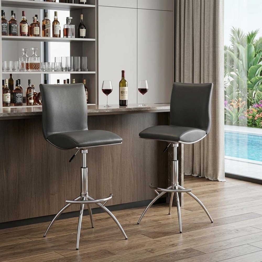 Set of Two Brown And Silver Faux Leather And Metal Low Back Adjustable Height Swivel Bar Chairs
