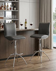 Set of Two Brown And Silver Faux Leather And Metal Low Back Adjustable Height Swivel Bar Chairs