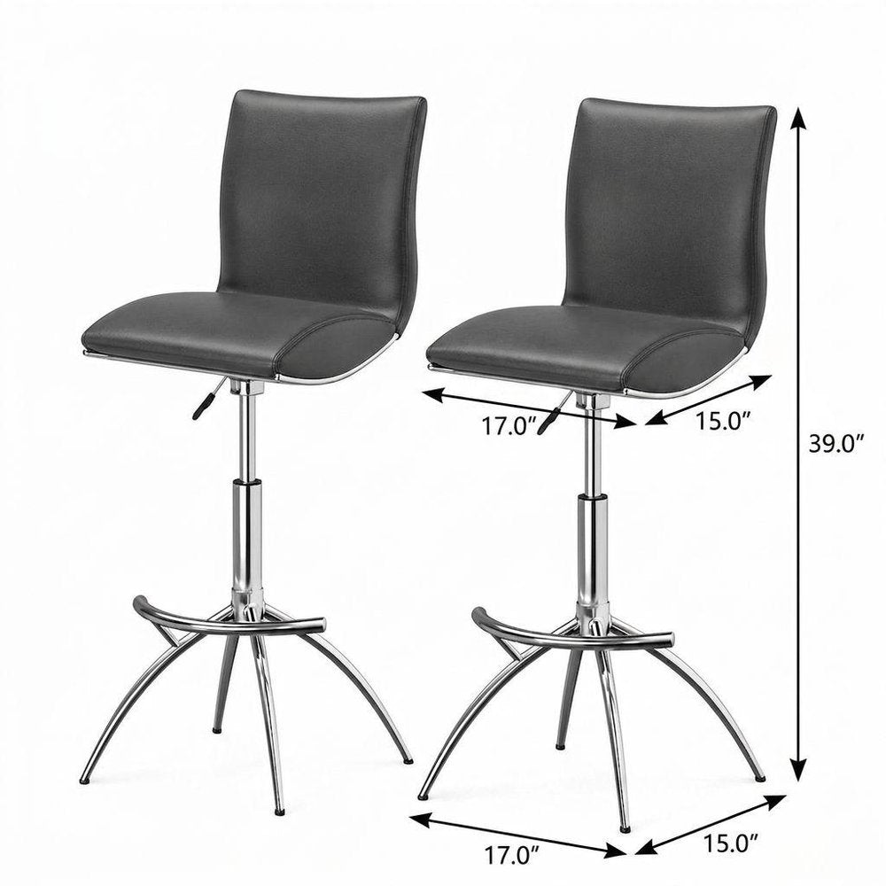 Set of Two Brown And Silver Faux Leather And Metal Low Back Adjustable Height Swivel Bar Chairs