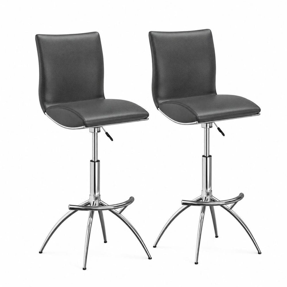 Set of Two Brown And Silver Faux Leather And Metal Low Back Adjustable Height Swivel Bar Chairs