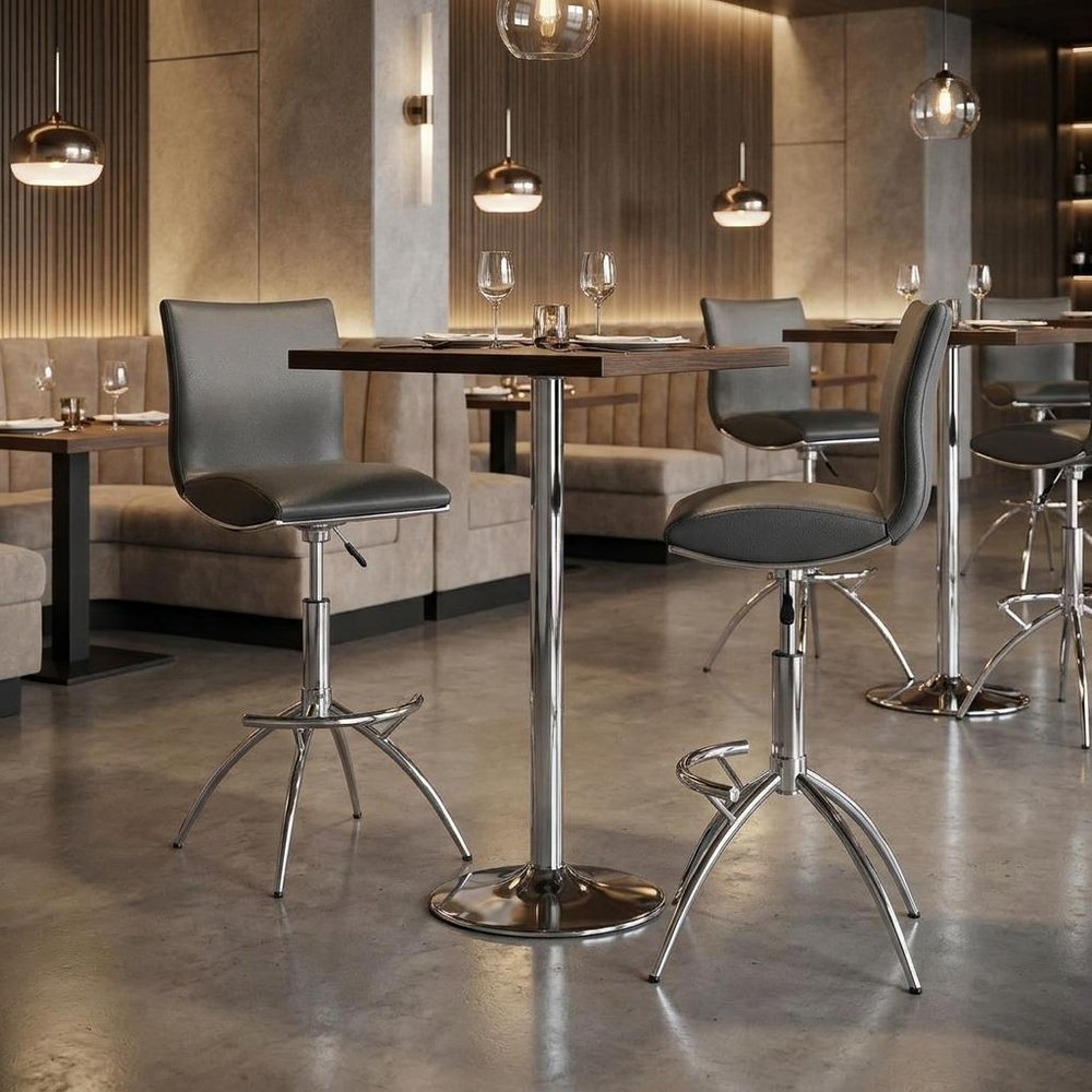 Set of Two Brown And Silver Faux Leather And Metal Low Back Adjustable Height Swivel Bar Chairs