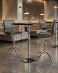 Set of Two Brown And Silver Faux Leather And Metal Low Back Adjustable Height Swivel Bar Chairs