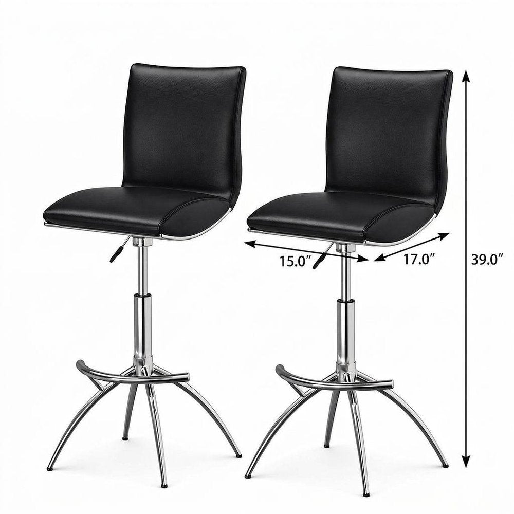 Set of Two Brown And Silver Faux Leather And Metal Low Back Adjustable Height Swivel Bar Chairs