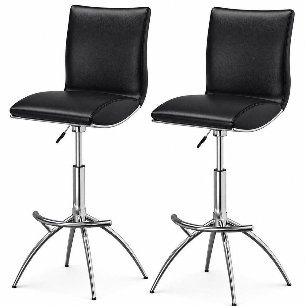 Set of Two Brown And Silver Faux Leather And Metal Low Back Adjustable Height Swivel Bar Chairs