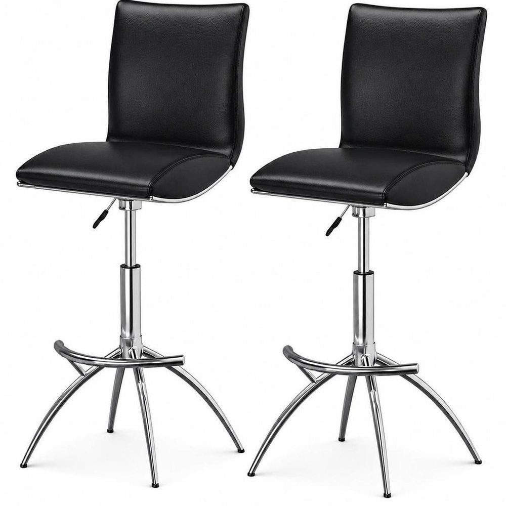 Set of Two Brown And Silver Faux Leather And Metal Low Back Adjustable Height Swivel Bar Chairs