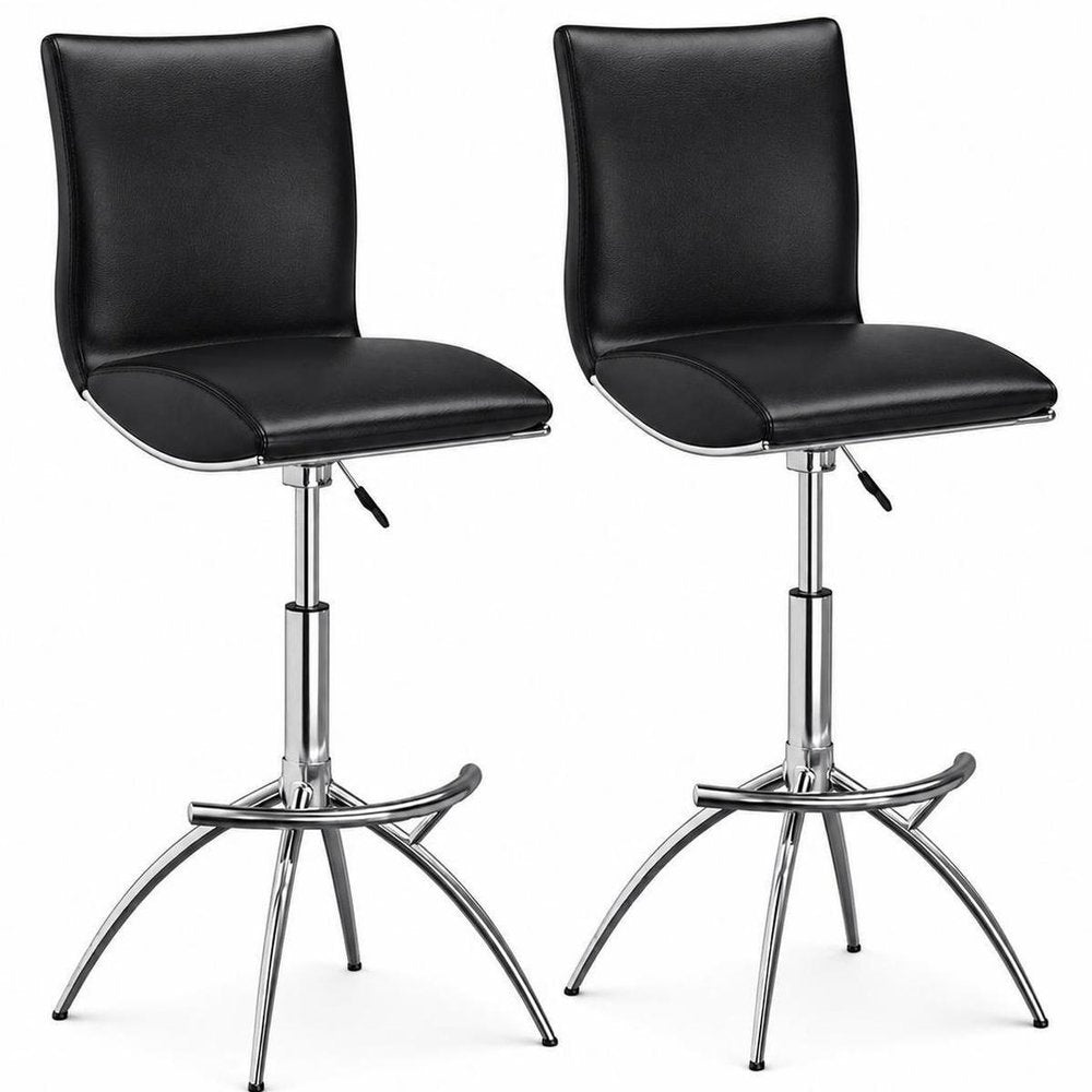 Set of Two Brown And Silver Faux Leather And Metal Low Back Adjustable Height Swivel Bar Chairs