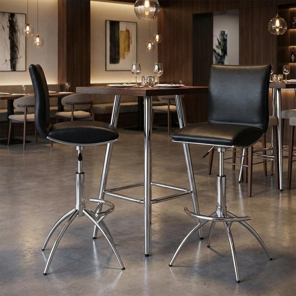 Set of Two Brown And Silver Faux Leather And Metal Low Back Adjustable Height Swivel Bar Chairs