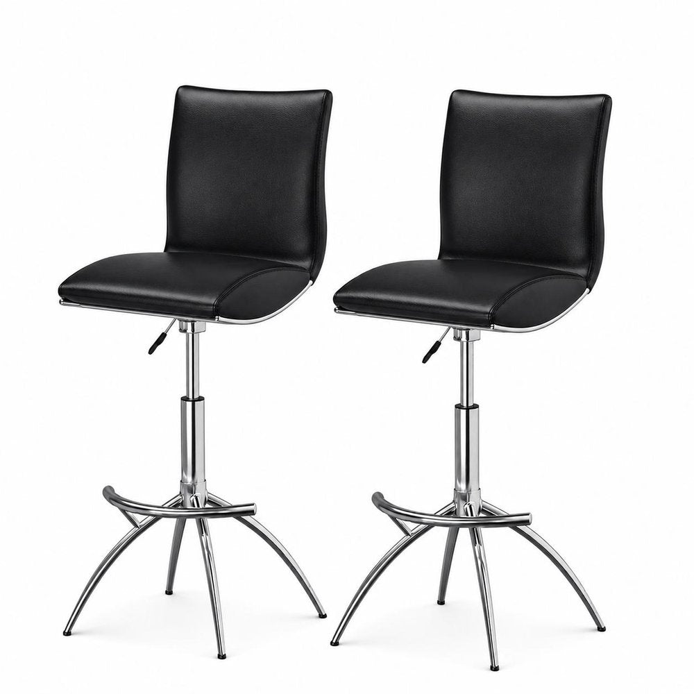 Set of Two Brown And Silver Faux Leather And Metal Low Back Adjustable Height Swivel Bar Chairs