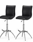 Set of Two Brown And Silver Faux Leather And Metal Low Back Adjustable Height Swivel Bar Chairs