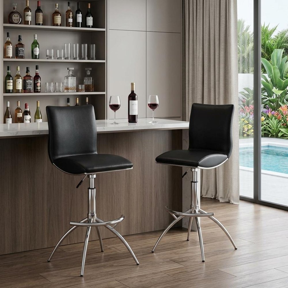 Set of Two Brown And Silver Faux Leather And Metal Low Back Adjustable Height Swivel Bar Chairs