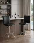 Set of Two Brown And Silver Faux Leather And Metal Low Back Adjustable Height Swivel Bar Chairs