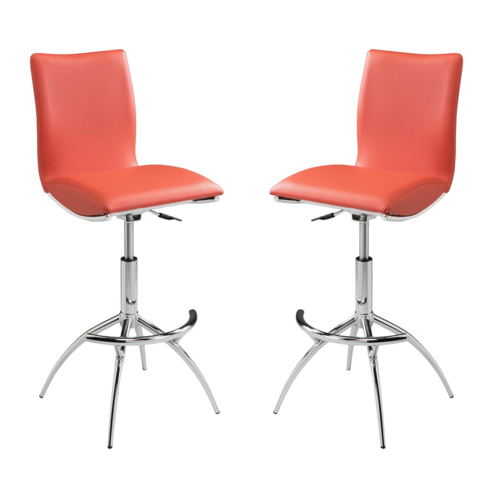 Set of Two Brown And Silver Faux Leather And Metal Low Back Adjustable Height Swivel Bar Chairs