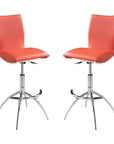Set of Two Brown And Silver Faux Leather And Metal Low Back Adjustable Height Swivel Bar Chairs